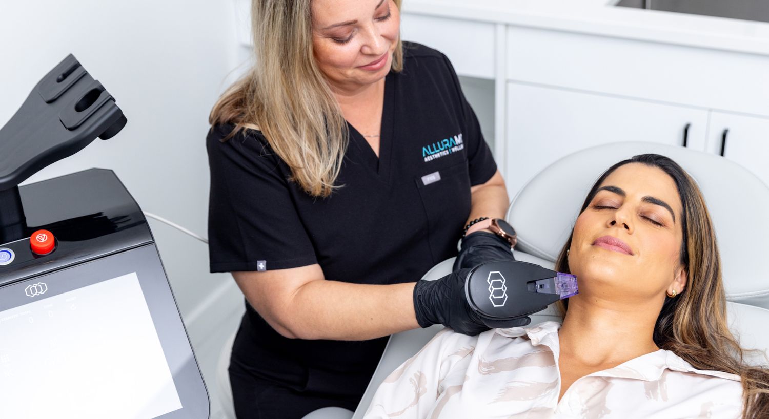 Morpheus8 patient model receiving treatment on her chin